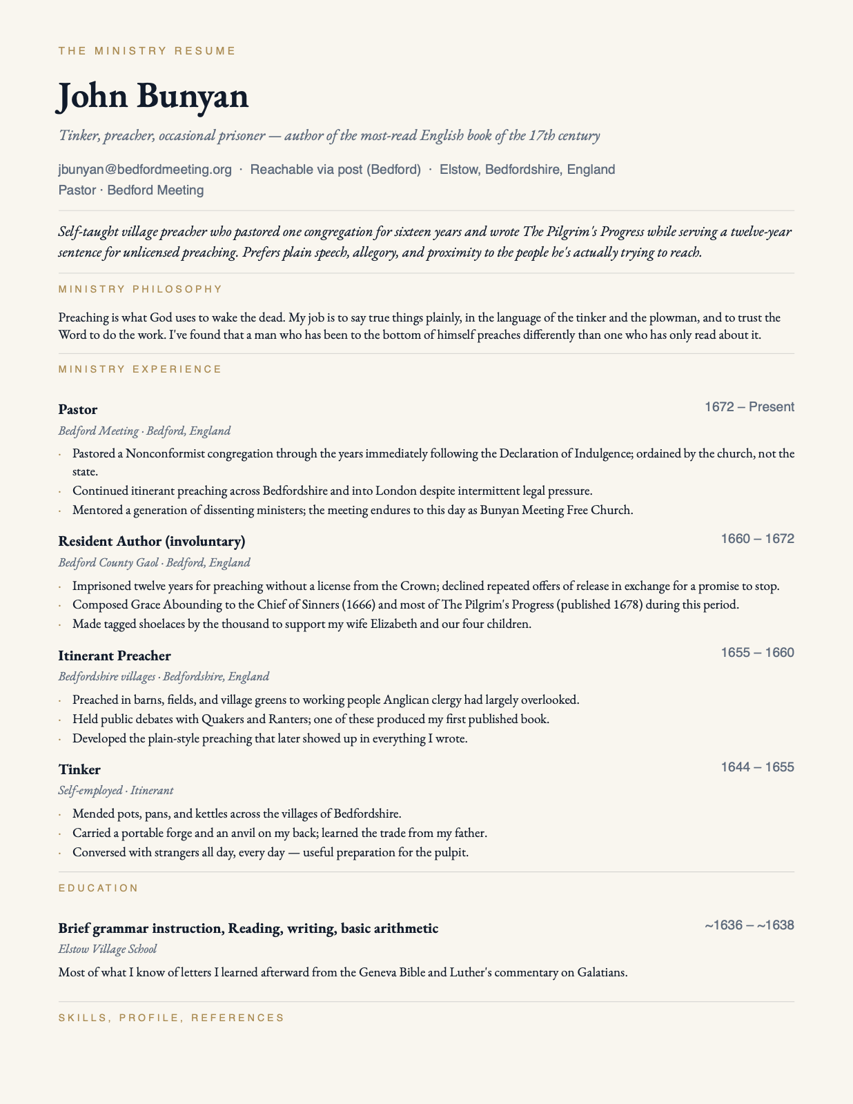 Sample resume in The Bunyan template — John Bunyan